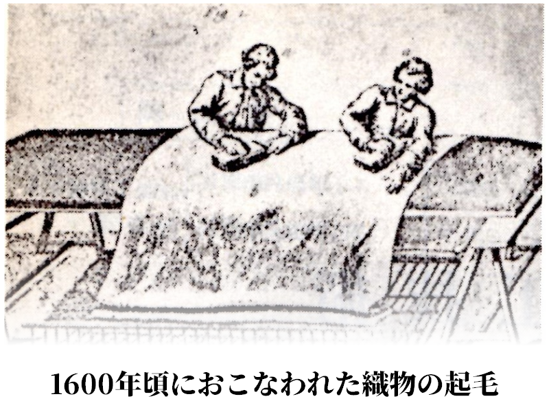 1600年頃におこなわれた織物の起毛
「起毛の実際」繊維社
（昭和54年発行）より